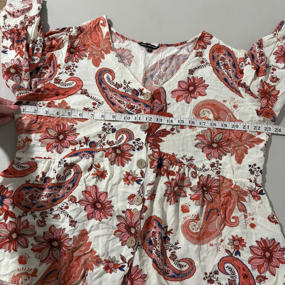 Unique Spectrum Paisley Floral Peplum Blouse 1X Ivory‎ Coral Rayon Button Front - Picture 4 of 10